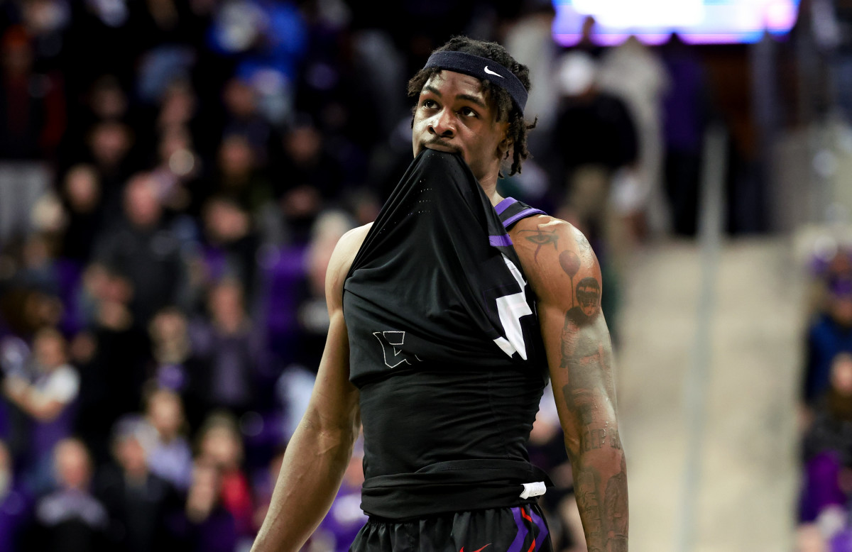 Jan 20, 2024; Fort Worth, Texas, USA; TCU Horned Frogs forward Emanuel Miller (2) reacts after the game against the Iowa State Cyclones at Ed and Rae Schollmaier Arena. Mandatory Credit: Kevin Jairaj-USA TODAY Sports  